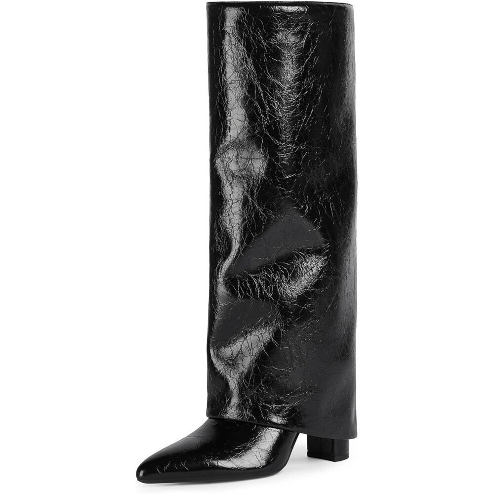 ⚡Women's Black Leather Fold Over Knee High Boots Chunky High Heels Long Boots